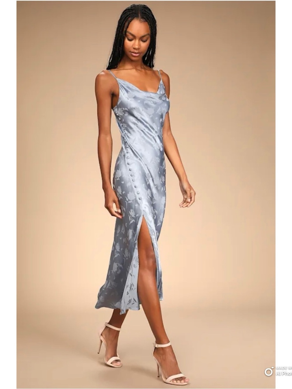 Lulus XL All About You Slate Blue Floral Jacquard Satin Midi Dress NWT FLAW - Picture 7 of 17